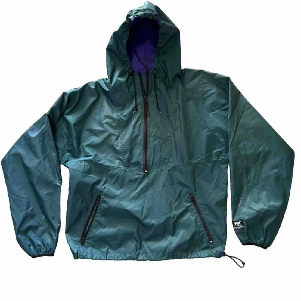 Vntg HELLY HANSEN M Jacket Mens Hooded 1/2 Zip Nylon Windbreaker Pullover Green